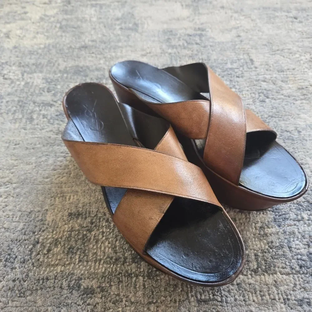 Vintage YVES SAINT LAURENT Leather Wedge Cross Strap Platform Slides Size 41